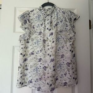 NWT Express White and Purple Floral Ruffled Cap Sleeve Blouse